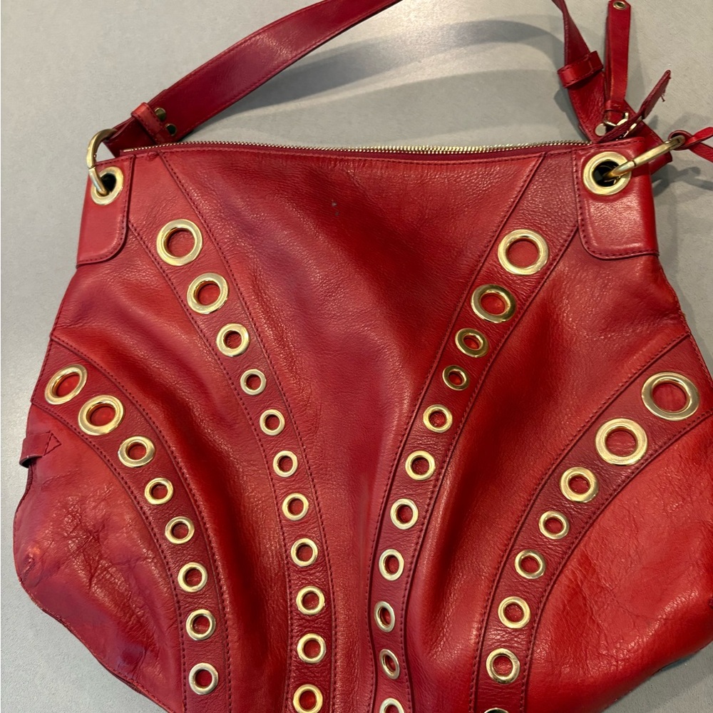 Cole Haan Red Leather Shoulder Bag with Gold Eyelets